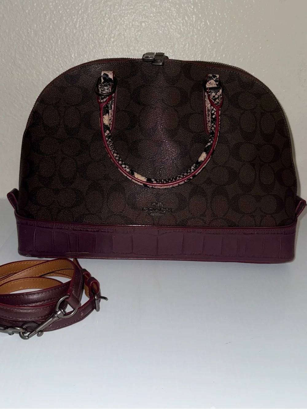 Coach Brown Signature Dome Satchel with Burgundy Trim and Snakeskin Handles